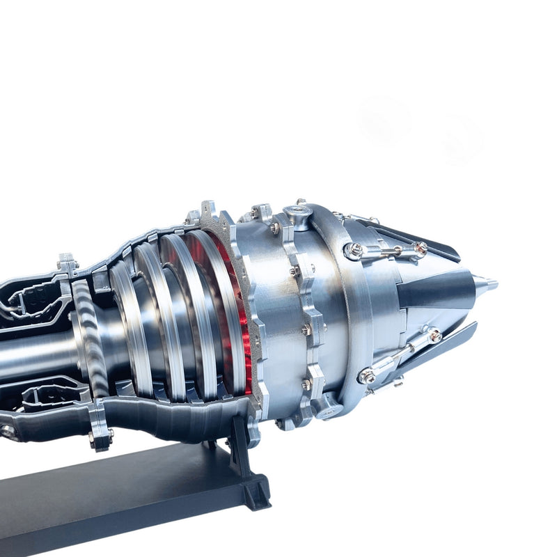 aviation turbofan engine model with rotating fan blades and illuminated exhaust effect