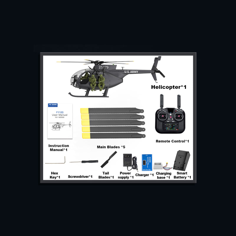 yu xiang f118s mh-6 1/16 scale 250-class little bird fpv rc military helicopter with 5-blade flybarless 6g/3d rtf
