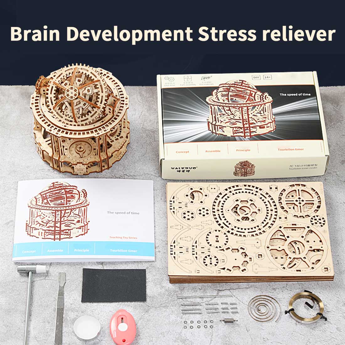 wooden tourbillon timer 3d assembly model kit with mechanical transmission
