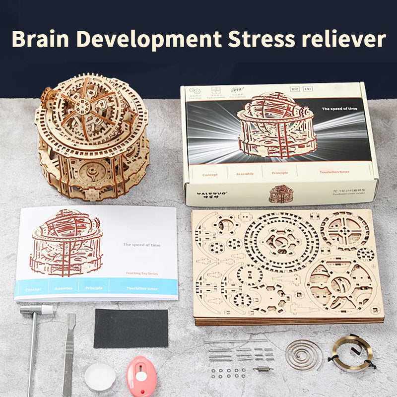 wooden tourbillon timer 3d assembly model kit with mechanical transmission