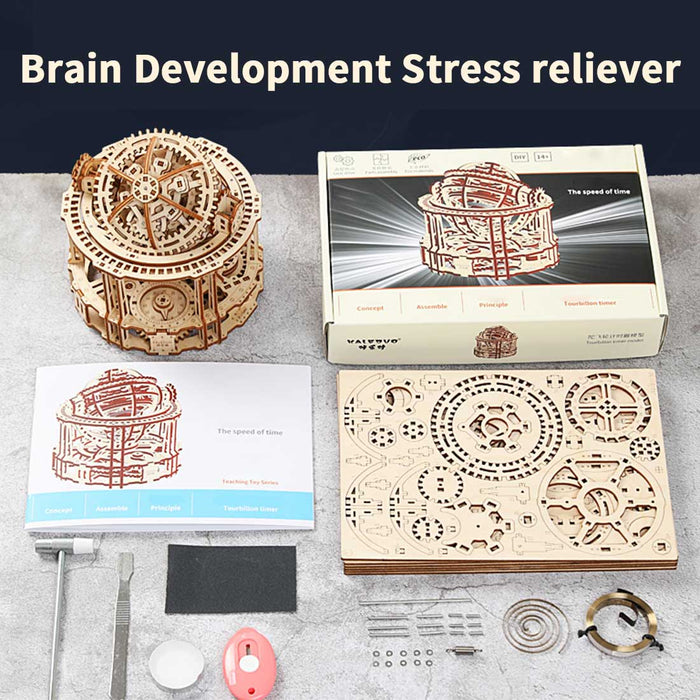 wooden tourbillon timer 3d assembly model kit with mechanical transmission