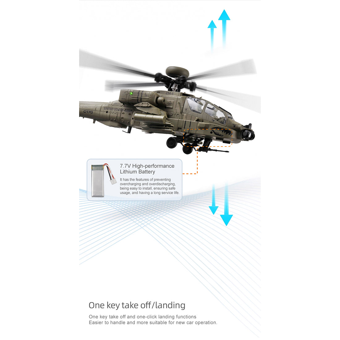 rc era c170 ah-64d 1/48 scale 2.4g 6ch flybarless military rc helicopter model with optical flow positioning, tof altitude hold, one-key inverted flight and brushless motor (rtf version)