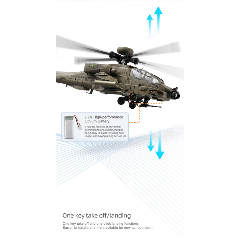 rc era c170 ah-64d 1/48 scale 2.4g 6ch flybarless military rc helicopter model with optical flow positioning, tof altitude hold, one-key inverted flight and brushless motor (rtf version)