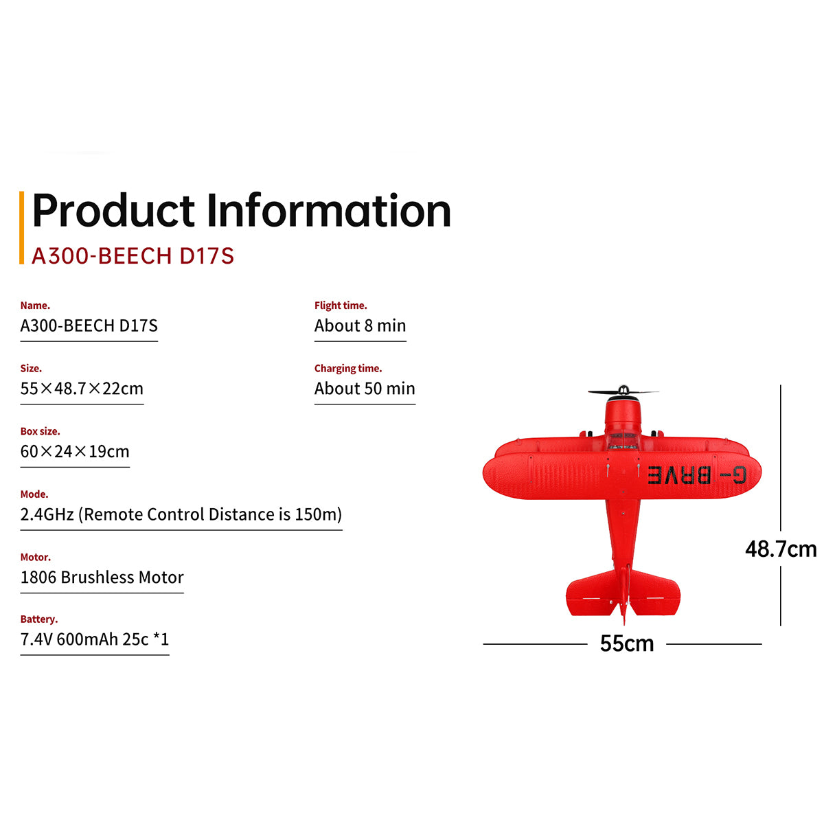xk a300 beech d17s biplane 3d/6g 2.4g 4ch brushless scale rc airplane model, 550mm wingspan epp fixed wing aircraft with quick release
