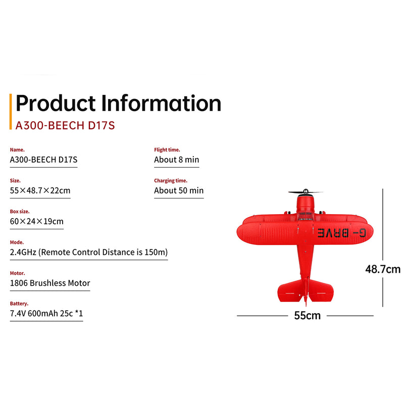 xk a300 beech d17s biplane 3d/6g 2.4g 4ch brushless scale rc airplane model, 550mm wingspan epp fixed wing aircraft with quick release