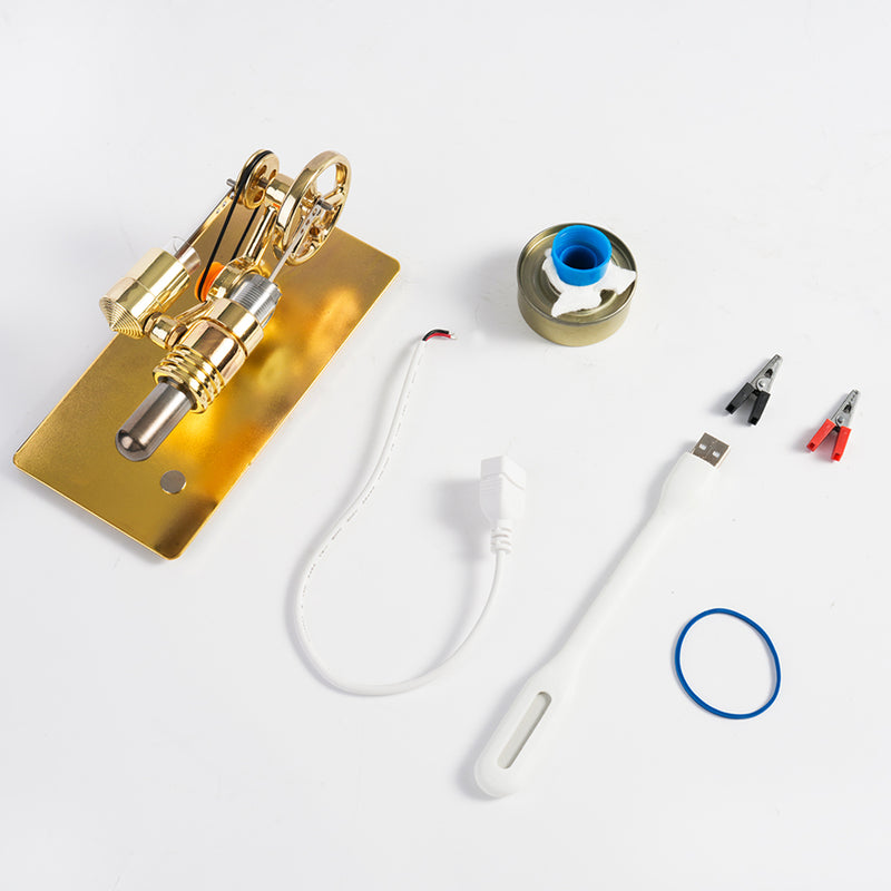 golden single cylinder stirling engine model with led
