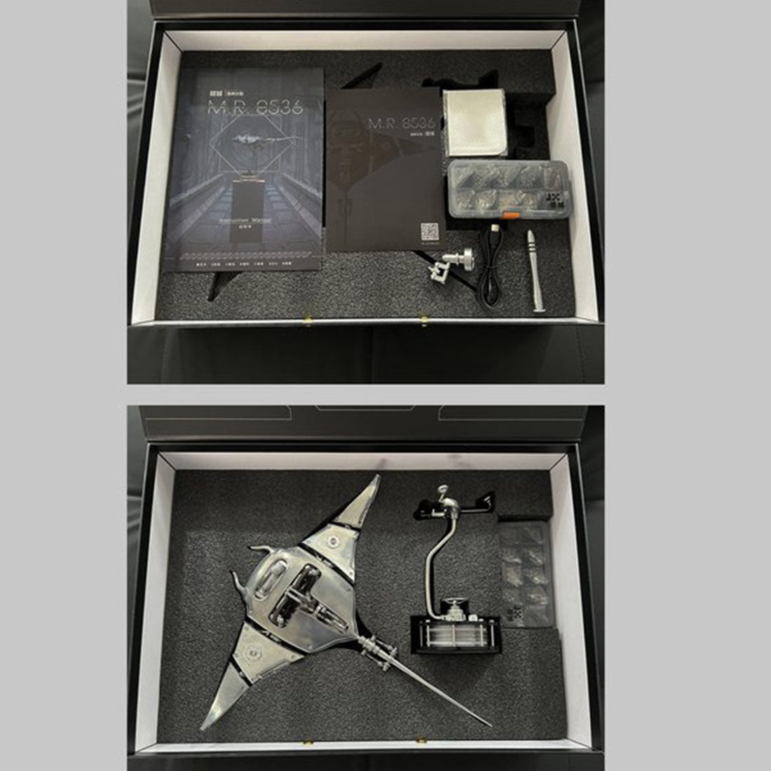 Modèle d'assemblage mécanique 3D en métal d'une raie manta avec éclairage 