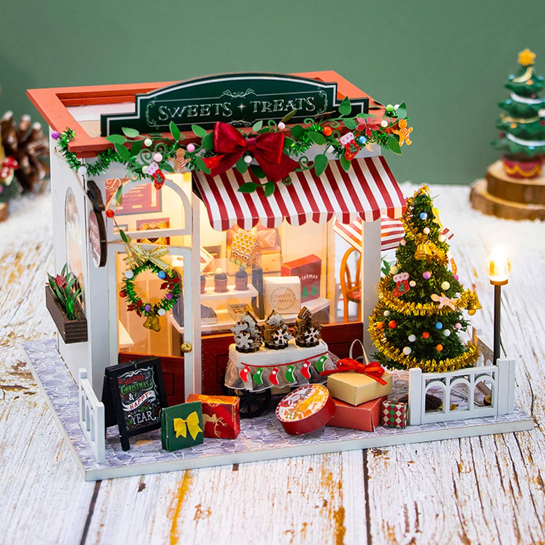 wood handcrafted miniature christmas candy house model kit