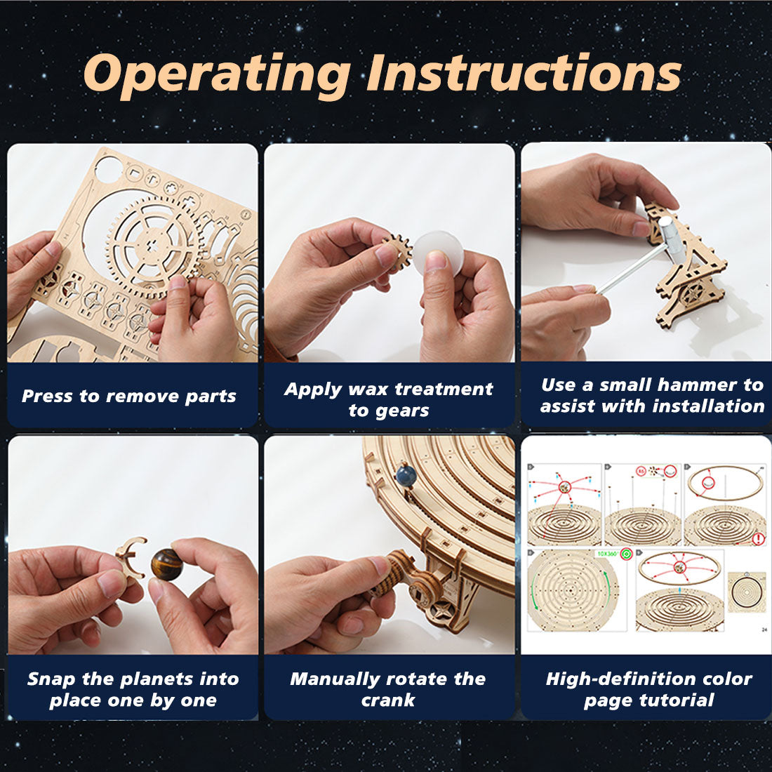 3d wooden mechanical orrery solar system model kit, diy stem educational desktop display (413pcs)