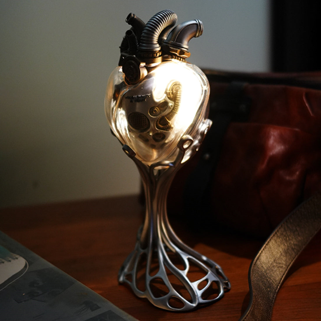 steampunk mechanical heart sculpture with remote control led light, industrial desktop decor