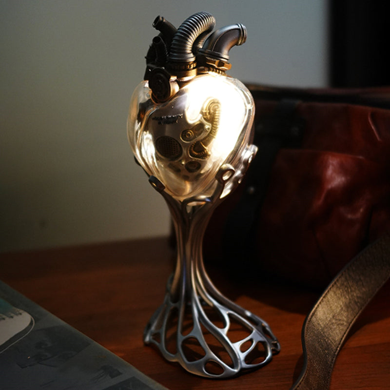 steampunk mechanical heart sculpture with remote control led light, industrial desktop decor