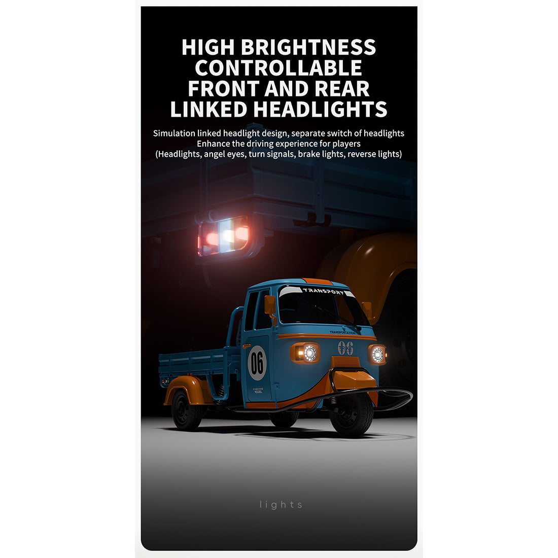 1/10 scale 2.4g full-proportional rc three-wheeler with realistic reverse sound, synchronized lights and adjustable gears