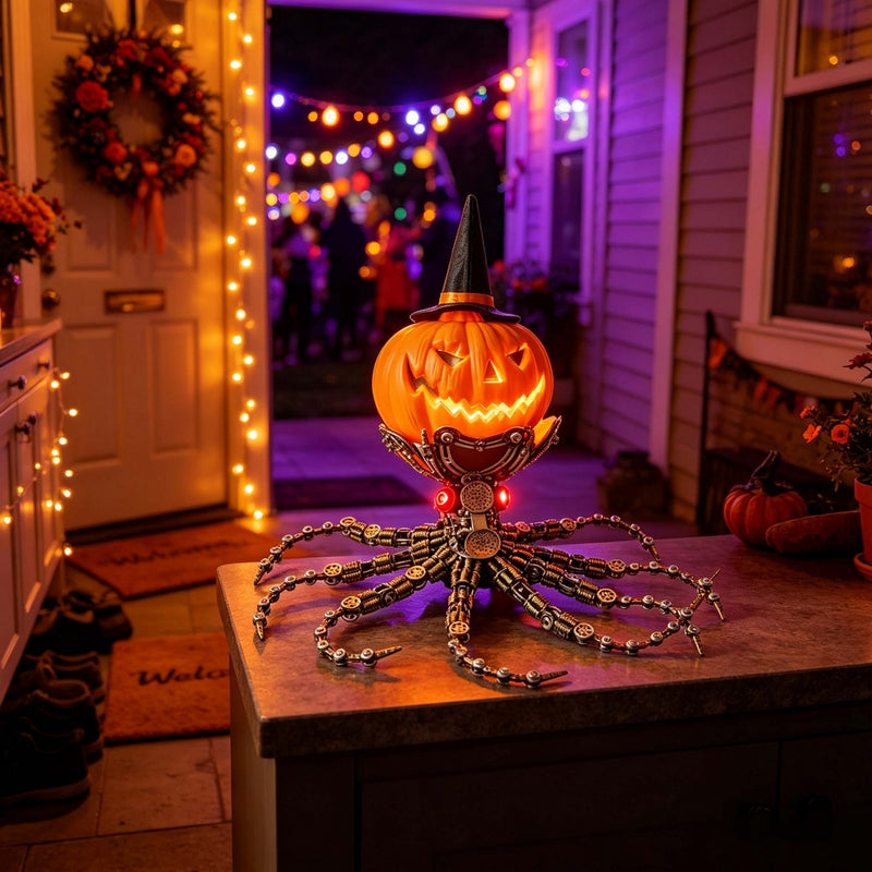 punkbuild steampunk mechanical octopus metal model kit with pumpkin head, unique halloween gift for adults  (2400+ pcs)