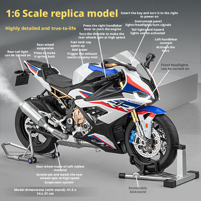 1/6 alloy s1000rr rc motorcycle model with remote control, ignition, sound, led lights & exhaust spray