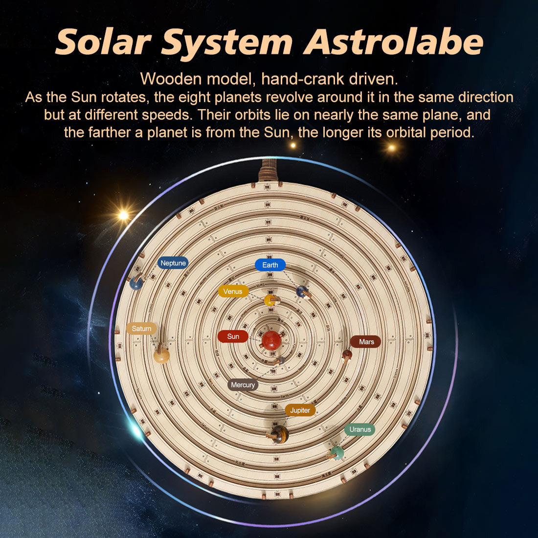 3d wooden mechanical orrery solar system model kit, diy stem educational desktop display (413pcs)