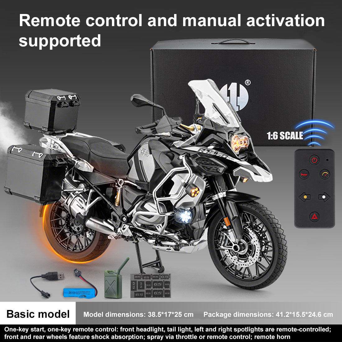 1/6 alloy r1250gs rc motorcycle model with remote control, ignition, sound, led lights & exhaust spray