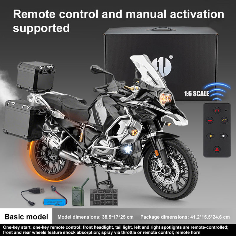 1/6 alloy r1250gs rc motorcycle model with remote control, ignition, sound, led lights & exhaust spray