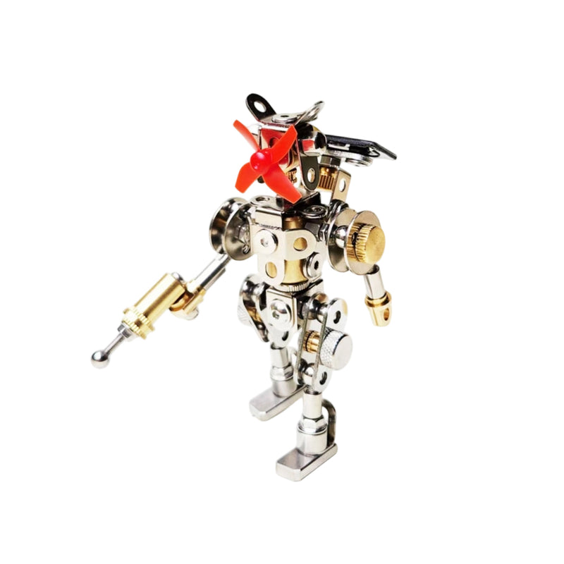 solar powered steampunk warrior robot metal mechanical model, auto rotating propeller stem desktop decor