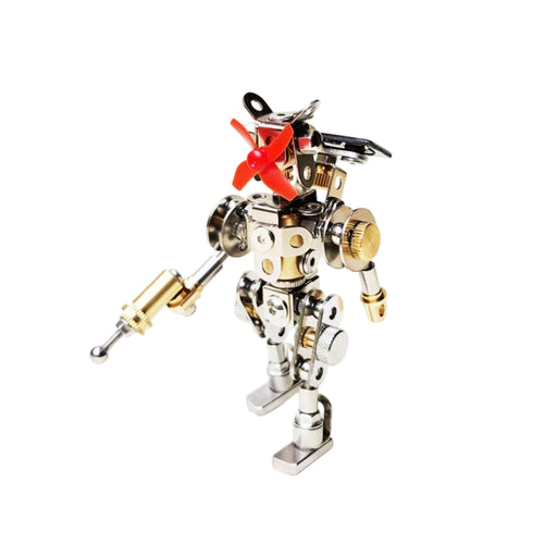 solar powered steampunk warrior robot metal mechanical model, auto rotating propeller stem desktop decor