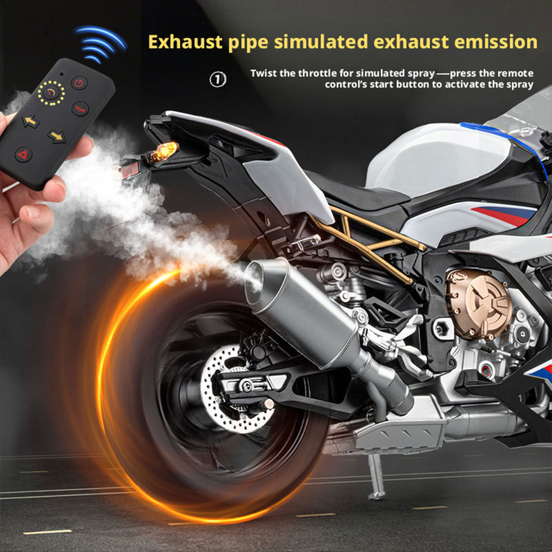1/6 alloy s1000rr rc motorcycle model with remote control, ignition, sound, led lights & exhaust spray