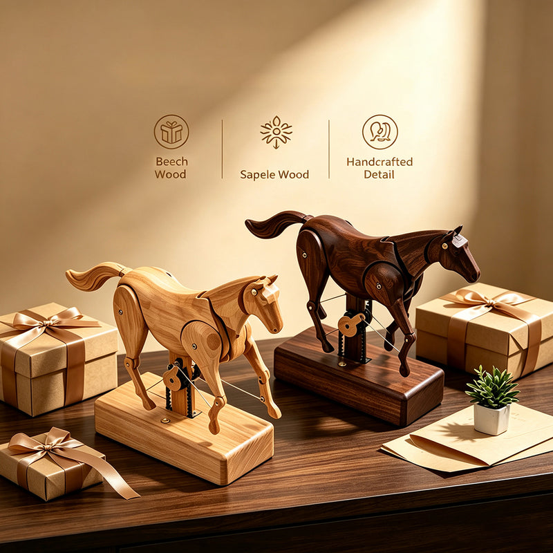 wooden mechanical horse automaton model, handcrafted dynamic horse sculpture with moving limbs & tail, desktop art decor (assembled)