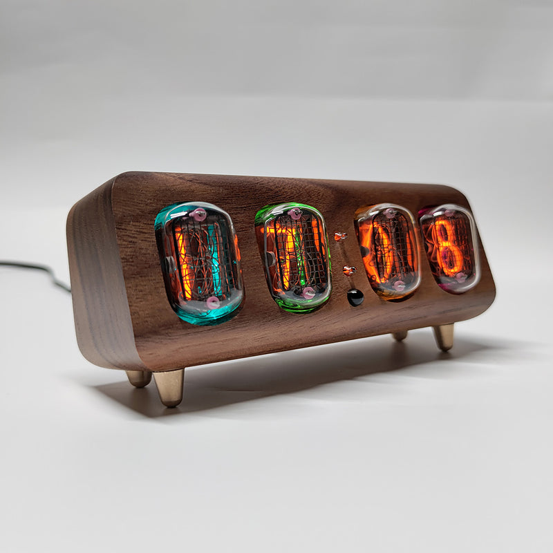 in-12 nixie tube clock bluetooth alarm clock, vintage glow tube desk clock with black walnut wood & remote control