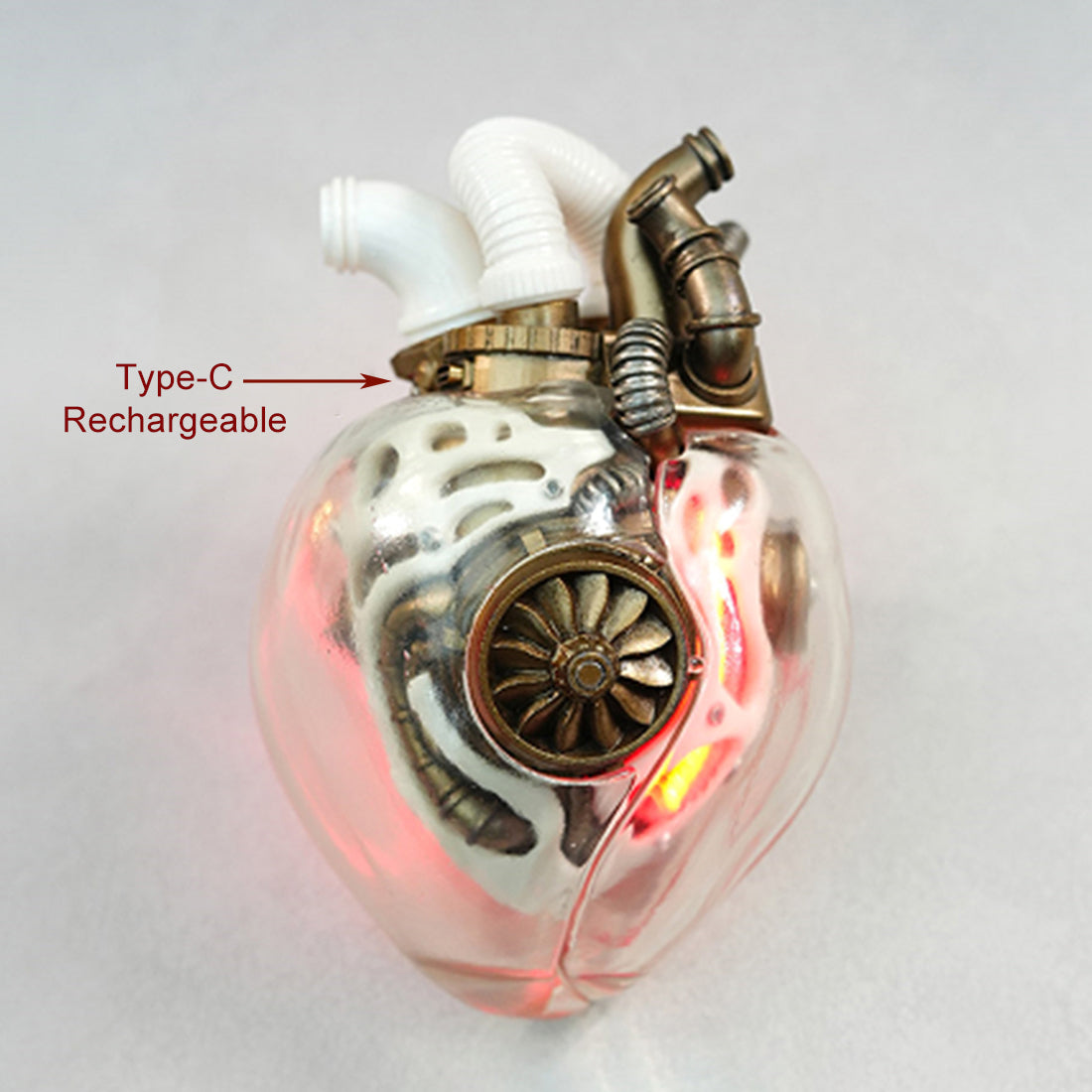 steampunk mechanical heart sculpture with remote control led light, industrial desktop decor