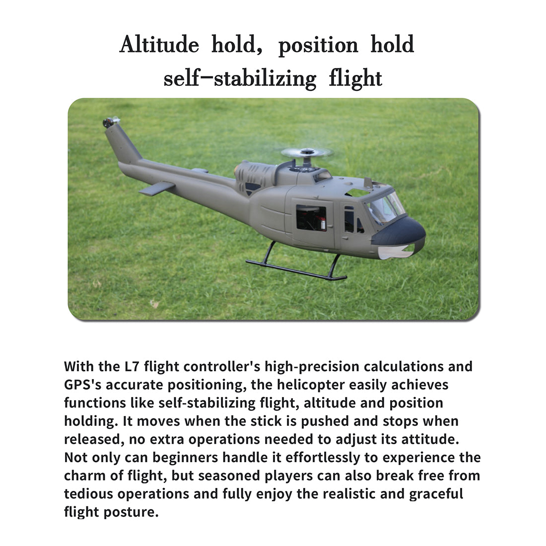 flishrc fl500 uh-1 huey 500-class 2.4g 6ch scale rc helicopter with l7 flight controller & 4-mode gps positioning