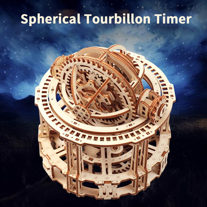 wooden tourbillon timer 3d assembly model kit with mechanical transmission
