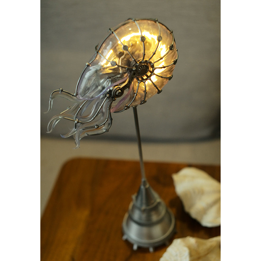 steampunk mechanical nautilus sculpture with remote control led light, industrial desktop decor
