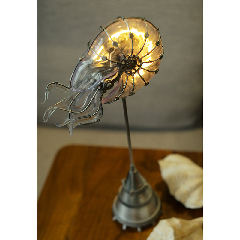 steampunk mechanical nautilus sculpture with remote control led light, industrial desktop decor