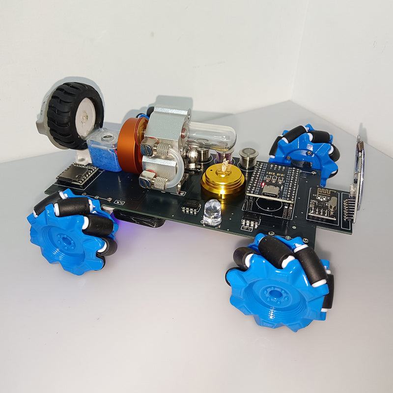 Stirling Engine RC Mecanum Wheel Vehicle with Crystal Cylinder, LCD Display - STEM Physics Model (Assembled) - EngineDIY