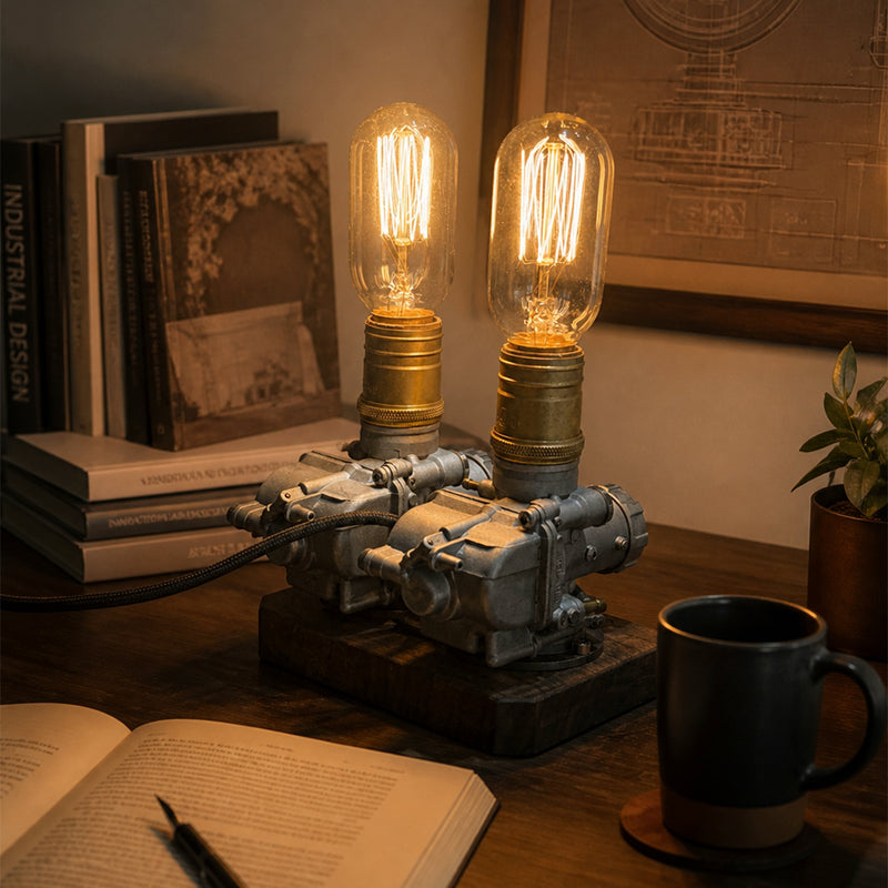 repurposed motorcycle carburetor steampunk table lamp, industrial desk light with vintage filament bulbs, wood base and adjustable metal structure