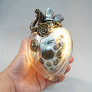 steampunk mechanical heart sculpture with remote control led light, industrial desktop decor