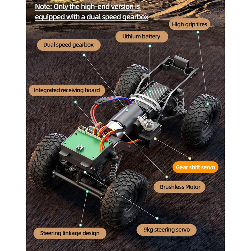 1/16 scale brushless 4wd rc crawler truck – all-terrain off-road pickup with dual-rate transmission, independent suspension & metal frame