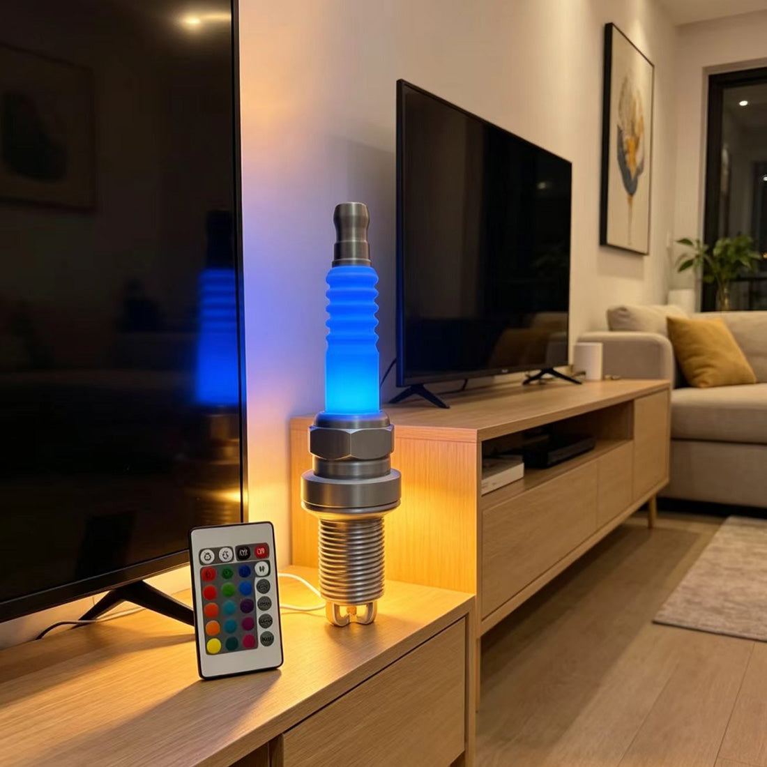 3d printed spark plug rgb led desk lamp – industrial table light for garage, gaming room & workshop