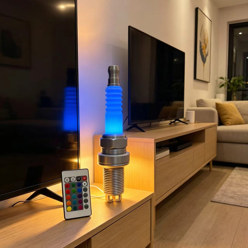 3d printed spark plug rgb led desk lamp – industrial table light for garage, gaming room & workshop