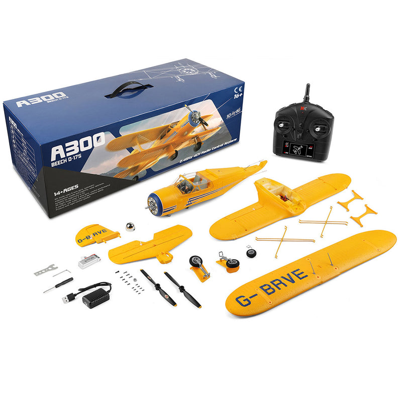 XK A300 Beech D17S Biplane 3D/6G 2.4G 4CH Brushless Scale RC Airplane Model, 550mm Wingspan EPP Fixed Wing Aircraft with Quick Release - EngineDIY