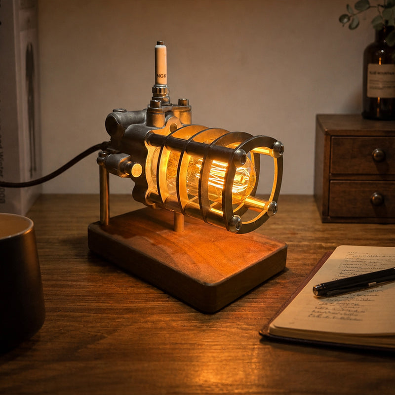 repurposed automotive power steering pump steampunk table lamp, industrial desk lamp with vintage filament bulb, stepless dimming knob & wood base