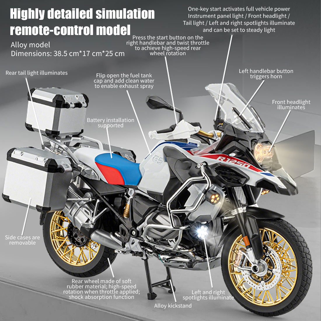 1/6 alloy r1250gs rc motorcycle model with remote control, ignition, sound, led lights & exhaust spray