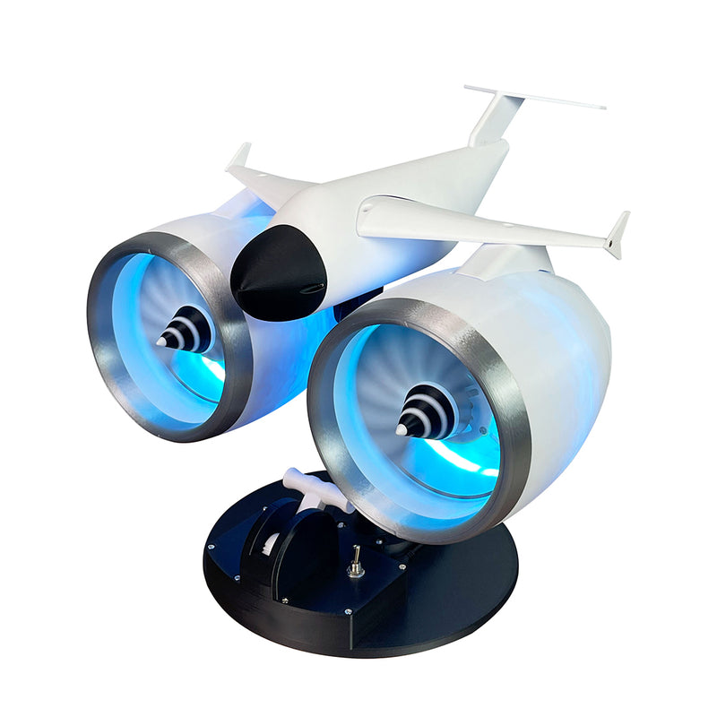 3D Printed Twin Turbo Jet Engine Desktop Fan with LED Light, Adjustable Speed Aviation Display Model