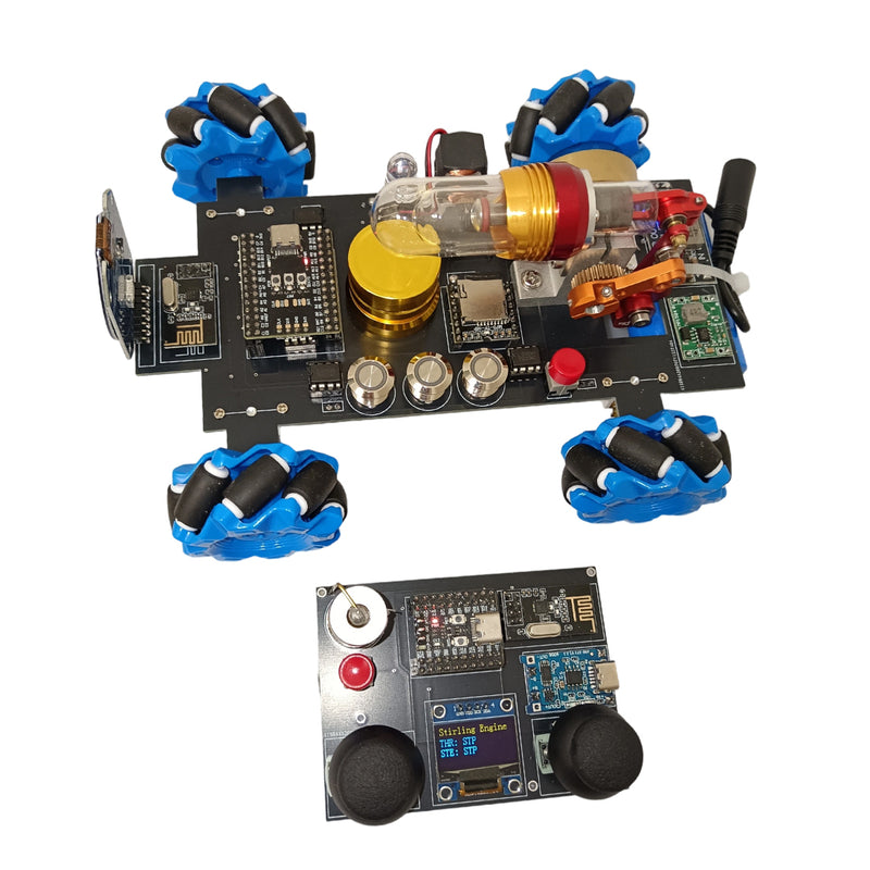 stirling engine rc mecanum wheel vehicle with crystal cylinder, remote control, lcd display, stem physics model (assembled)