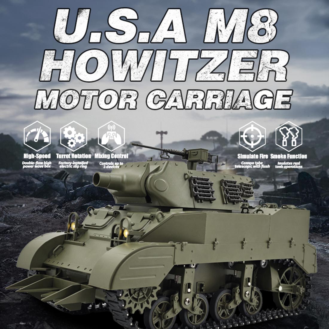 1/16 scale 2.4g u.s. mb self-propelled howitzer rc simulation tank model with sound and lights, telescoping smoke, dual-speed modes