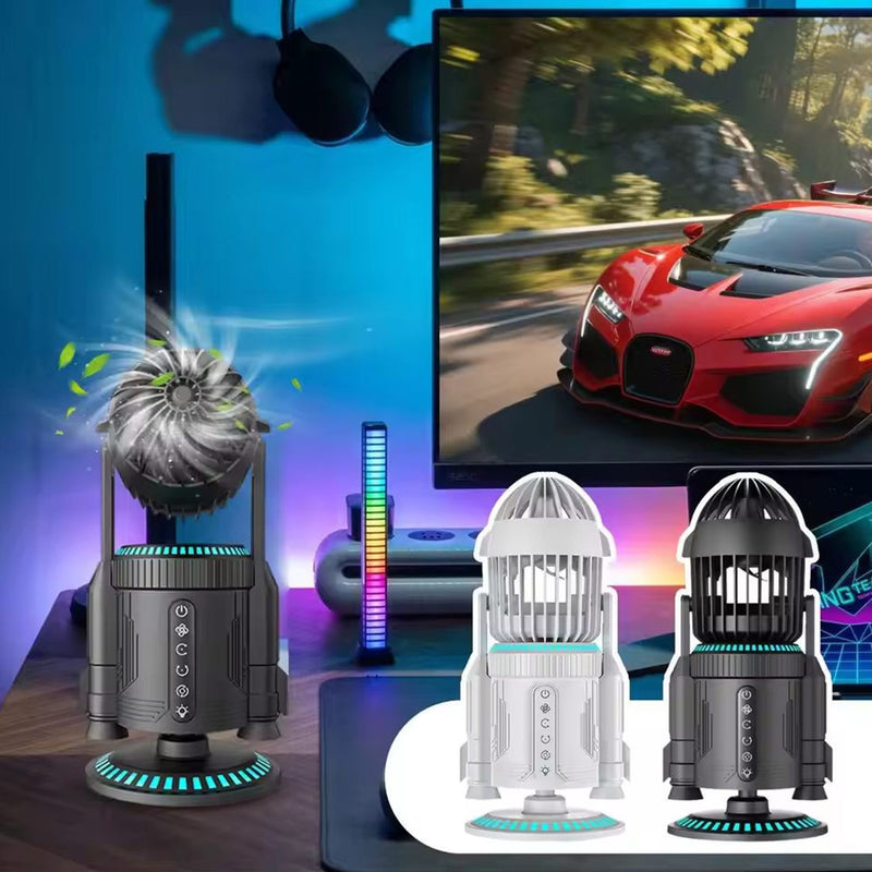 rocket-style desktop fan with dual mist spray &amp; rgb lights - ultra-quiet tech decor for office