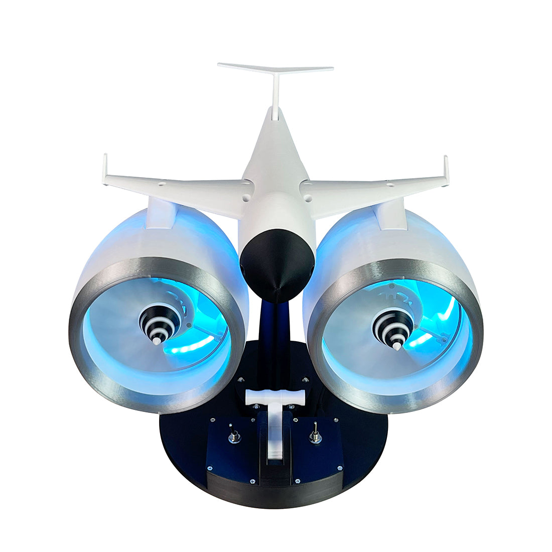 3D Printed Twin Turbo Jet Engine Desktop Fan with LED Light, Adjustable Speed Aviation Display Model