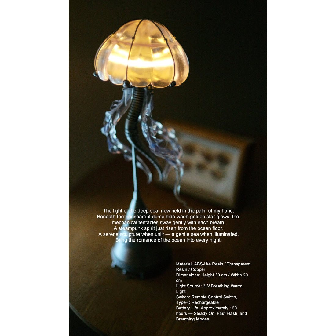 steampunk mechanical jellyfish sculpture with remote control led light, industrial desktop decor