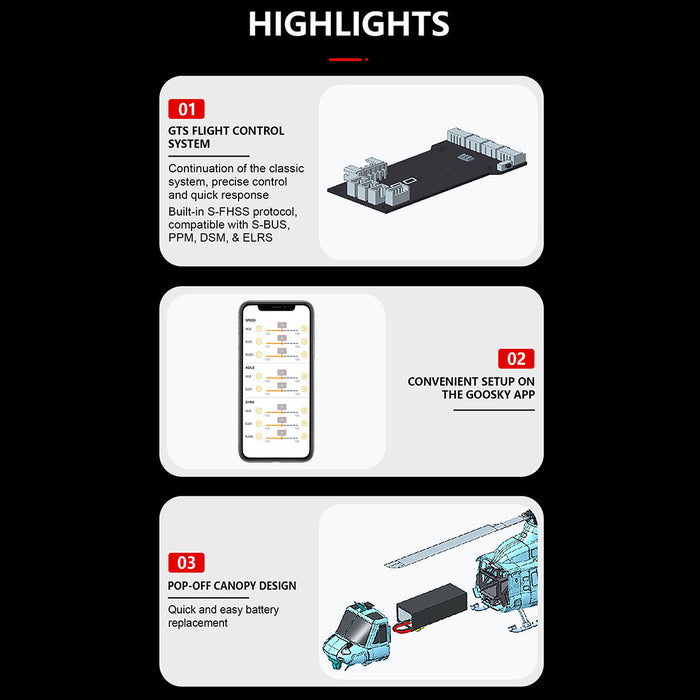 goosky e2 uh-1y 2.4g rc 6ch dual brushless direct drive scale aerobatic gts flight control helicopter model