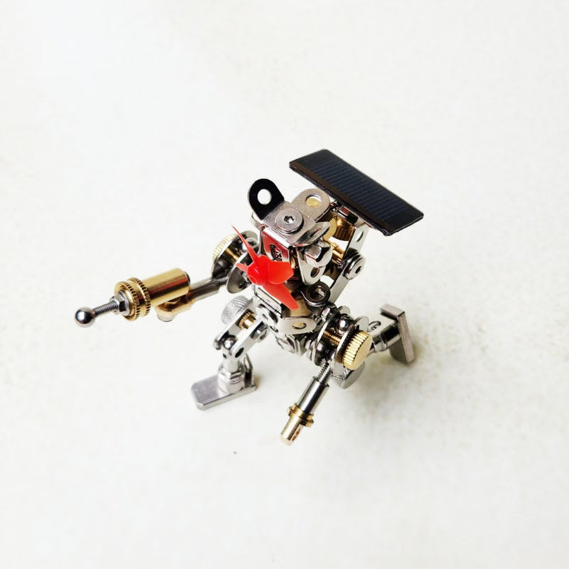 solar powered steampunk warrior robot metal mechanical model, auto rotating propeller stem desktop decor