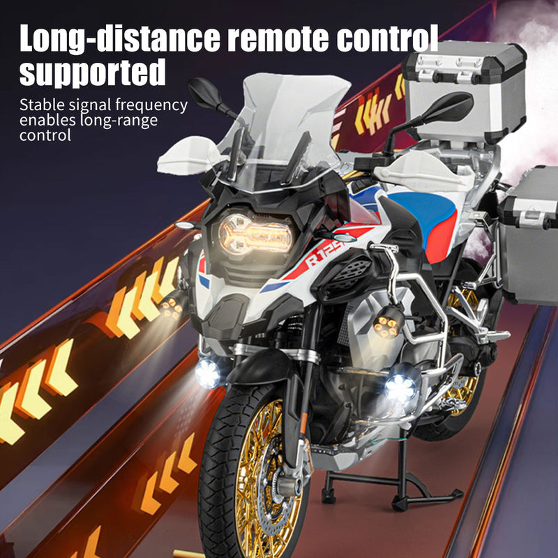 1/6 alloy r1250gs rc motorcycle model with remote control, ignition, sound, led lights & exhaust spray