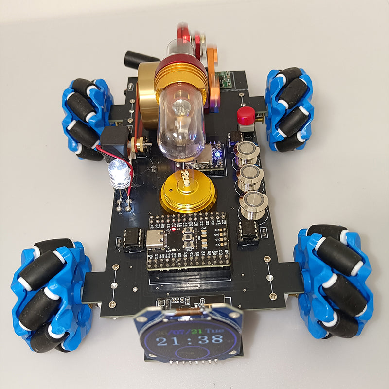 stirling engine rc mecanum wheel vehicle with crystal cylinder, remote control, lcd display, stem physics model (assembled)